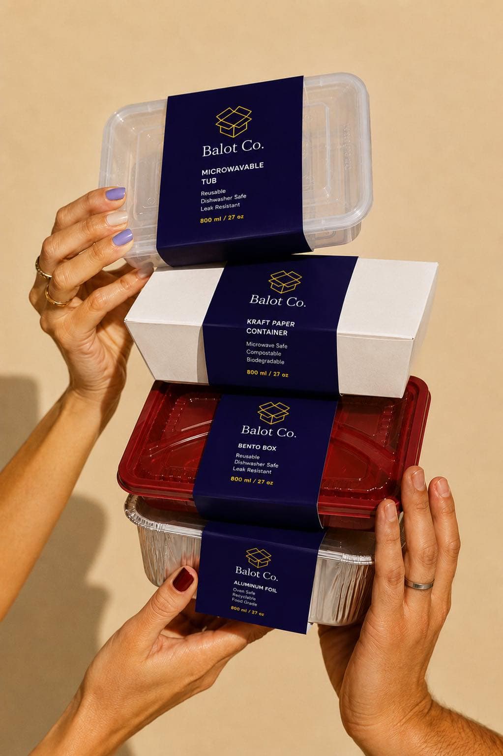 Balot Co. branded food packaging — microwavable tub, kraft container, bento box, and foil tray